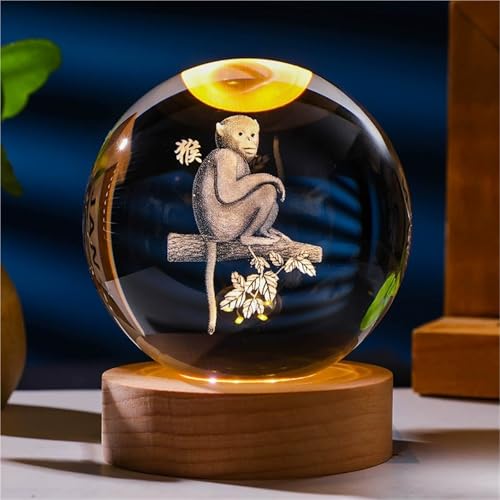 Luminous Crystal Ball Night Light - Rat, 8cm - Solid Wood Base
