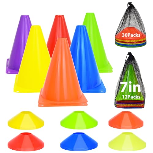 7" Soccer Cones Set - 42 Pcs Multicolor Training Cones with Carry Bag