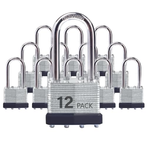 Keyed Alike Laminated Steel Padlocks with Long Shackle for Sheds, Fences & Lockers (12-Pack)