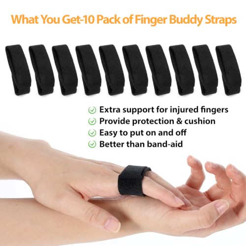Buddy Tape Finger Straps - 10 Pcs Padded Splint for Injured Fingers - Black - 12.5cm