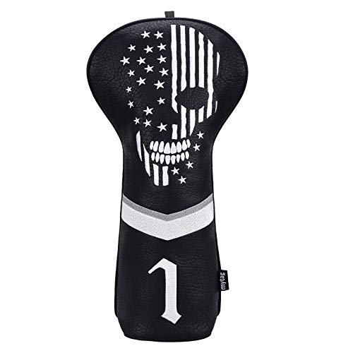 Caiobob Skull Golf Head Covers Set for Drivers - Black Synthetic Leather Skeleton Design