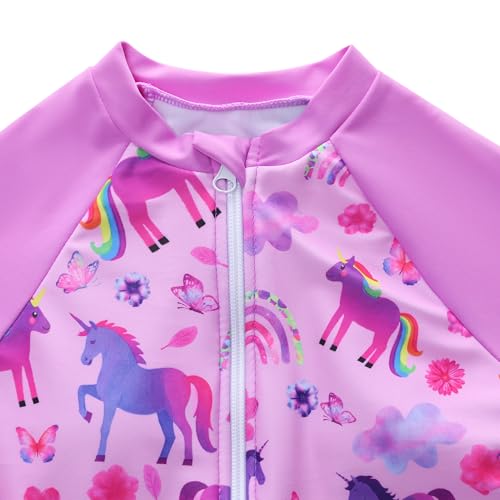 Girls 7-8 Years Purple Unicorn Long Sleeve Swimsuit with Rash Guard - Kids One Piece Swimwear