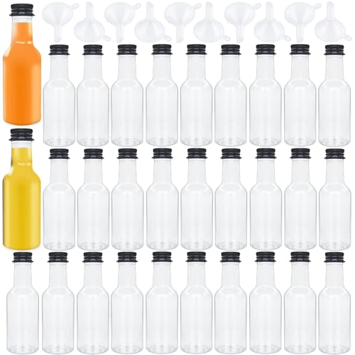 Woozettn 30 Pack 1.7oz Mini Plastic Liquor Bottles with Black Caps & Funnels