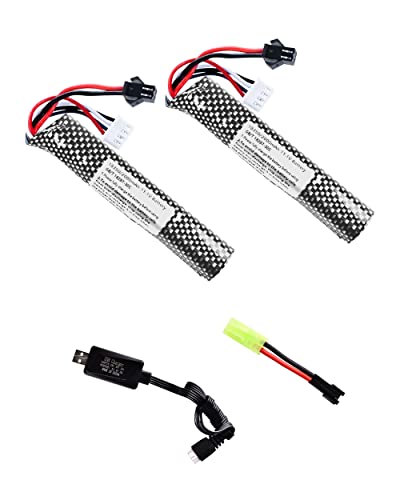 11.1V 2000mAh Rechargeable Battery with Charger - 2 pcs Mini Tamiya Connector for Airsoft & Gel Blaster