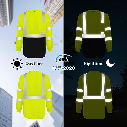 Work Shirts for Men Construction Class 3 High Visibility Shirts for Men, Hi Vis Reflective Safety T-Shirts for Men Women, Long Sleeve Work Shirts with Black Bottom, Yellow XL, 3PCS