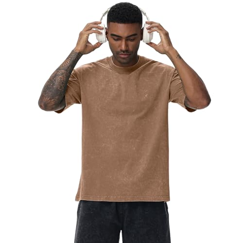 SnowElve Men's Oversized Cotton T-Shirt - Vintage Washed Loose Fit Unisex Casual Tee XL