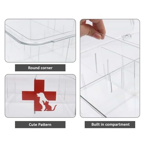 First Aid Box and Pet Frist Aid Storage Bin, Acrylic Medicine Kit Case Organizer Empty, Divided First Aid Storage Box Kit with Hinge Lid, Emergency Kit Storage Box for Family and Pet (Clear)