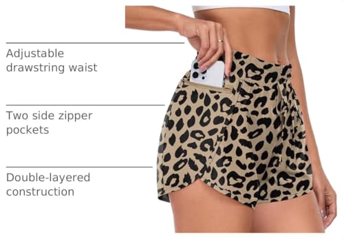 PrinStory Women's Athletic Running Shorts 3" with Zipper Pockets XS-XL, Medium / Fp-ld Khaki
