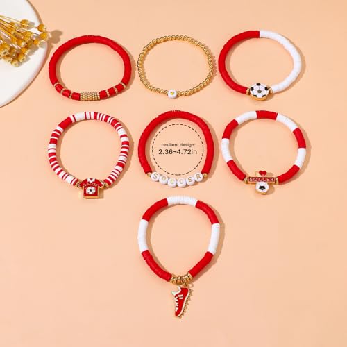 Soccer Bracelet - 7 Pack Stretch Beaded Game Day Jewelry - Red