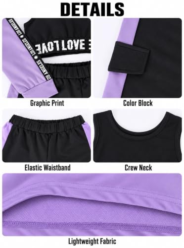 Hilinker Girls 3-Piece Outfit Set: Crop Hoodie, Tank & Sweatpants | Purple-Black, 11-12Y