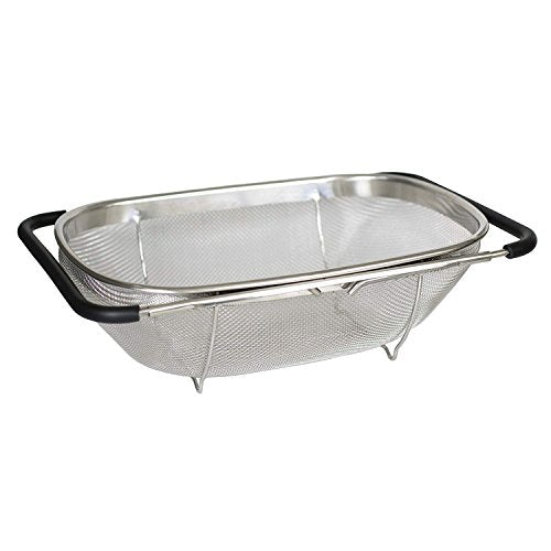Over the Sink Colander Stainless Steel with Expandable Rubber Handles, Fine Mesh Strainer for Fruits & Vegetables