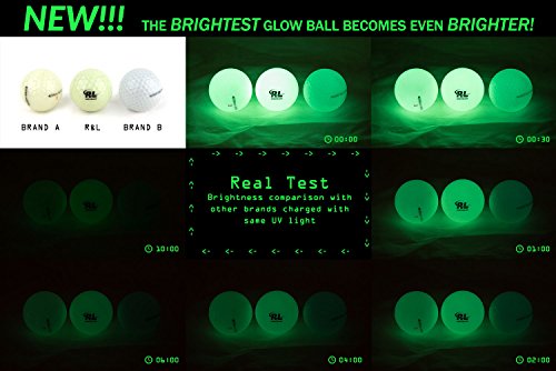 R&L 6 Pack Fluorescent Night Golf Balls with UV Flashlight - Long Lasting Bright Glow, Real Performance