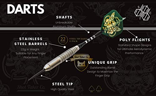 SHOT TAKER CO. 22g Black Skull Steel Tip Darts Set - Professional 6pc with Shafts, Flights & Sharpener