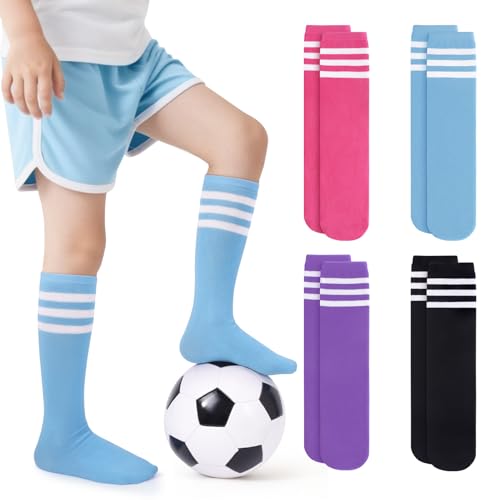 Kids Knee High Soccer Socks - 4 Pairs in Black, Purple, Pink, Blue - Seamless Toe