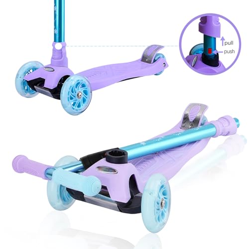 Kids 3-Wheel Scooter with Light-Up Wheels - Purple, Adjustable Height