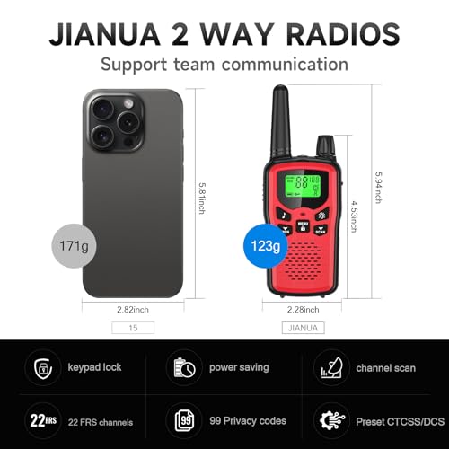 JIANUA Rechargeable Long Range Walkie Talkies for Adults - 22 FRS Channels, 99 Privacy Codes, 1200mAh Battery, 4 Pack
