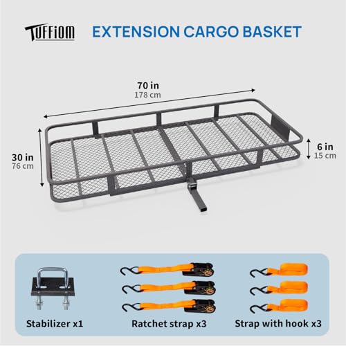 Folding Hitch Mount Cargo Carrier Basket 70"x30"x6" w/Straps+Stabilizer - 500lbs Steel Rack for SUV Truck Van