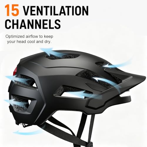 Silkycasters Adult Bike Helmet with LED Lights, Sun Visor, Size L (59-61cm), Black