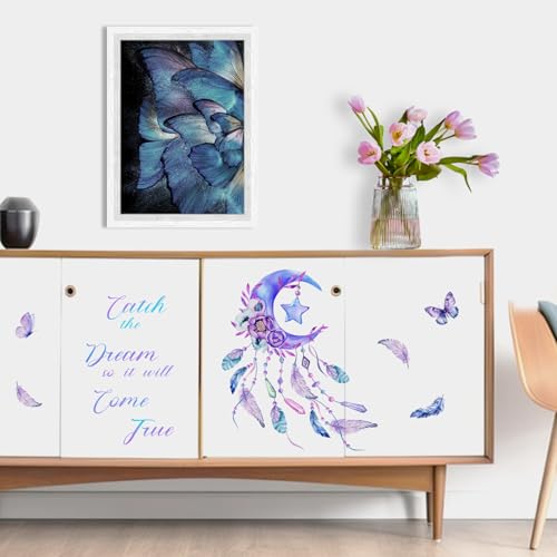 Yovkky Catch The Dream Purple Moon Wall Decals Stickers, Inspirational Dreamcatcher Feathers Flower Butterfly Nursery Decor, Boho Positive Quote Home Decorations Girls Kids Bedroom Living Room Art