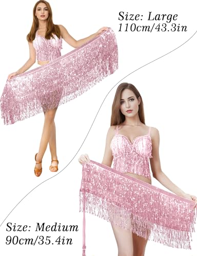 Sequin Tassel Skirt Belly Dance Hip Scarf Wrap - Pink Medium