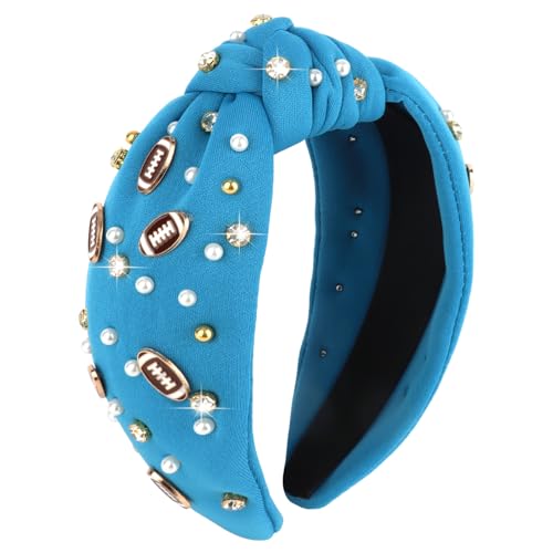 Football Knotted Headband - Crystal Jeweled Sports Hair Accessory - Blue Lion