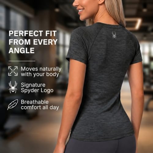 Spyder Women's Workout Top - Short Sleeve Crewneck Yoga Gym Shirt, Medium, Black Heather