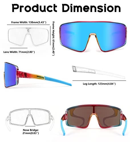 FEISEDY Polarized Oversized Sports Sunglasses for Men Women Youth - Blue Mirror Lens, 71mm, Transparent Blue Red Frame