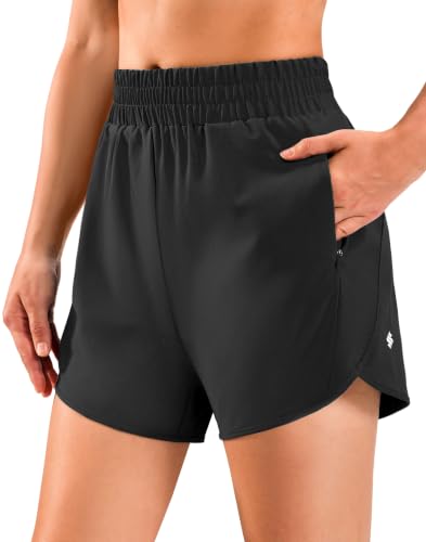 Soothfeel Women's 5 Inch Running Shorts with Zipper Pockets - Large Black
