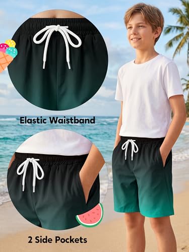 Boys Swim Trunks with Boxer Liner - Gradient Emerald, UPF 50+