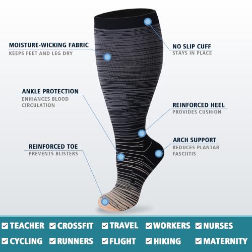Wide Calf Compression Socks for Women Men 20-30 mmHg - 5X-Large Multicolor