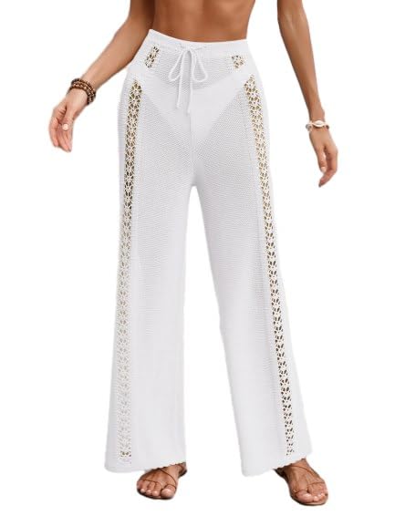 Womens Crochet Knit Beach Pants - Loose Fit Bathing Suit Cover Up