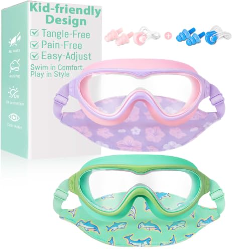 Pixel Panda Kids Swim Goggles 2 Pack Cyan & Purple for Ages 3-14, No Hair Pulling