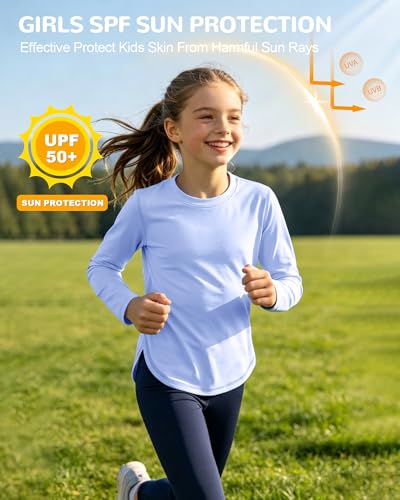 UPF 50+ Rash Guard for Girls - Quick Dry Long Sleeve Shirt, 9-10 Years, Light Blue