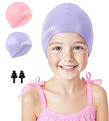Aegend Kids Swim Cap 2 Pack - Light Pink & Light Purple (Age 3-8) Unisex Silicone