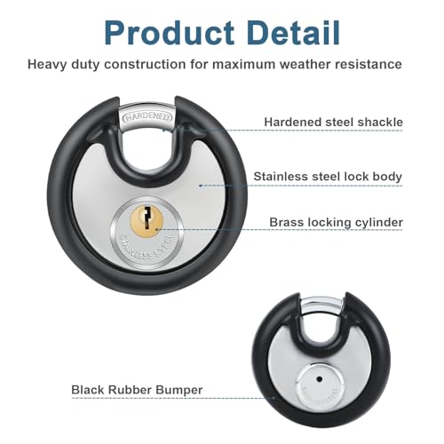 DAYGOS Heavy Duty Padlock with 8 Keys, 70mm Discus Keyed Lock for Storage Shed, Garage, Storage Lockers, Sliding Doors, Tool Box, and Cabinets (4 Pack Keyed-Alike, 3/8-Inch Shackle, Rubber Bumper)