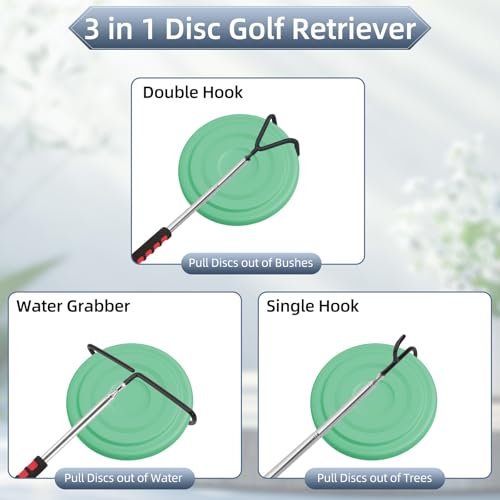 Ebrima 10ft Extendable Disc Golf Retriever with 3 Hooks - Stainless Steel Water & Tree Disc Grabber