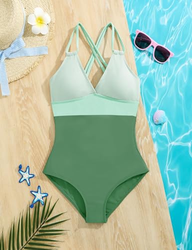 Girls One-Piece Swimsuit - Adjustable Straps, Color Block, Size 9-10 Years - Green