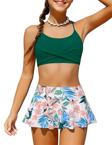 Girls Two Piece Criss Cross Print Bikini Set with Ruffle Hem - Dark Green, 6-7 Years