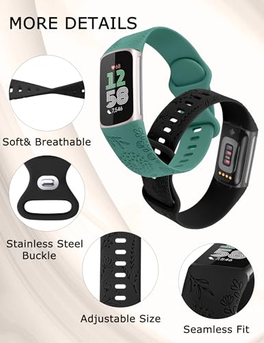 Minyee 3-Pack Floral Silicone Fitbit Charge 6/5 Band with Dandelion Pattern – Black, Starlight, Green