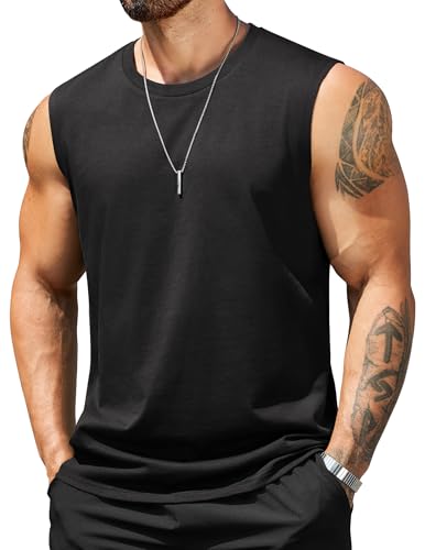 Men's Cotton Workout Tank Top - Sleeveless Muscle Shirt, Large, Black