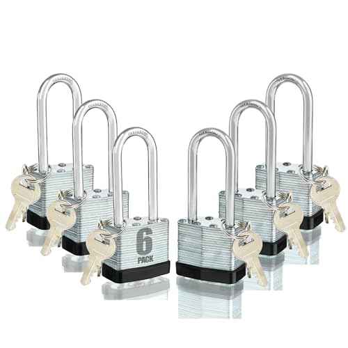 6 Keyed Alike Padlocks with 12 Keys, 40mm Heavy-Duty Padlocks with Same Keys Long Shackle Durable Hardened Steel for Gate Fence Toolbox School Gym(1.7 * 3.7inch)
