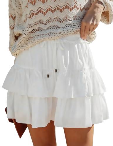 LOMON Flowy Skorts for Women White Medium Boho Ruffled High Waist Tiered