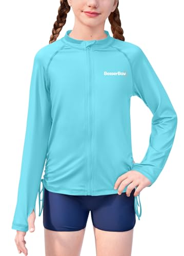 Girls Rash Guard UPF 50+ Zip Up Swim Jacket - Light Blue & White, 8 Years