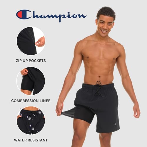 Champion Men's 7" Board Shorts with Compression Liner – Black, Medium