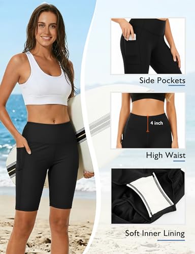 Buauty Women's High-Waisted Swim Board Shorts 7'' Inseam with Pockets Black Medium