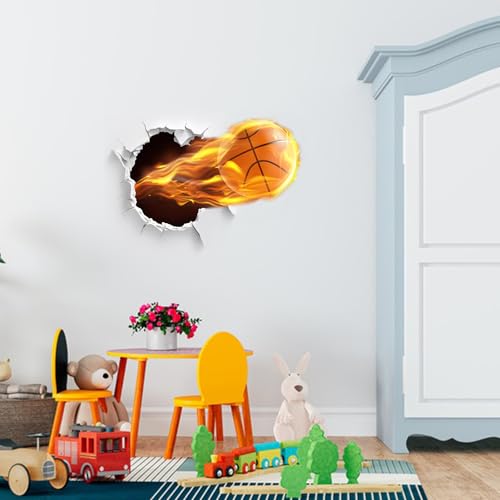 Wall Art 3D Basketball Wall Sticker, Removable Cracked Wall Decor Murals, Flying Fire Basketball Peel and Stick Wall Decals for Basketball Fans Men Boys Kids Playroom Bedroom Sports Hall