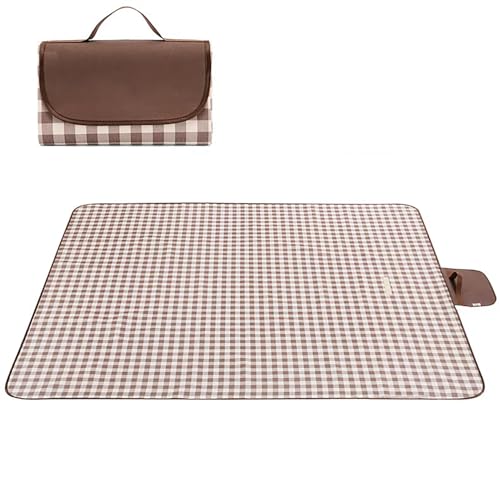 Wind Tour Waterproof Picnic Blanket 59x71 inches, Foldable Sandproof Outdoor Mat with Carry Strap, Coffee Grid Pattern