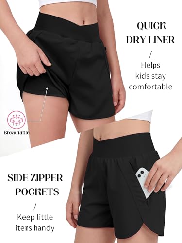Girls High Waisted Athletic Shorts with Zipper Pockets - Black, 13-14 Years