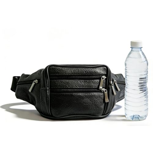 Black Genuine Cowhide Leather Fanny Pack with 7 Pockets & Adjustable Waist Strap