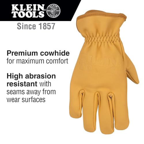 Klein Tools 60602 Work Gloves, Premium Cowhide Leather Gloves, Abrasion-Resistant Split Leather Palm Patch, Small